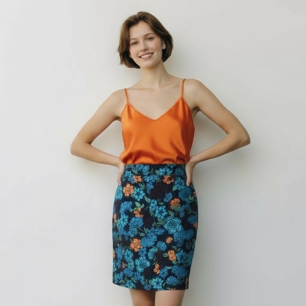 LOFT Floral Pencil Skirt - Blue and Orange